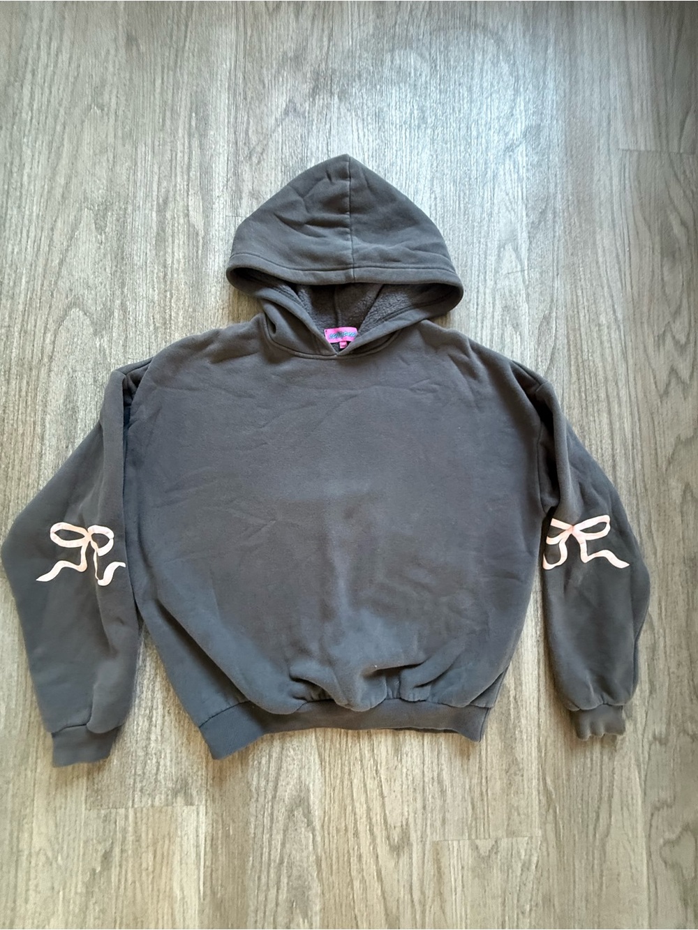 Edikted Charcoal Hoodie with Pink Bow Sleeve Accents